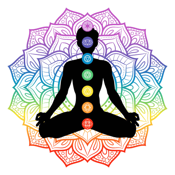 Silhouette en méditation avec les 7 chakras et mandala